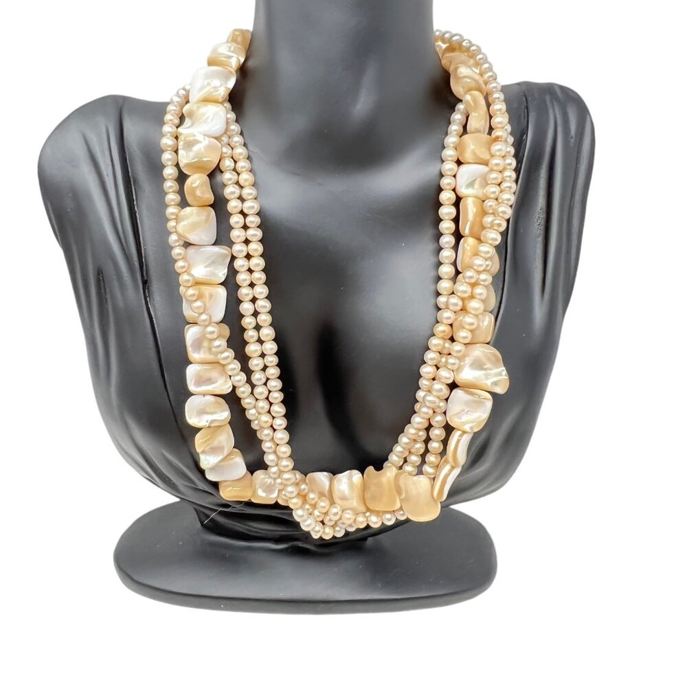 Vintage Womens Necklace 4 Strand Faux Pearl and Shell Sterling Silver‎ Clasp